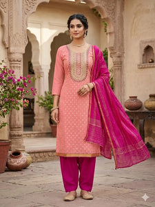 Elegant Peach Magenta Unstitched Suit Set - Glamorous Embroidery for Festive Wear