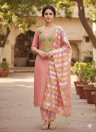 Elegant Peach Modal Chanderi Suit Set - Embroidered Festive Wear for Women