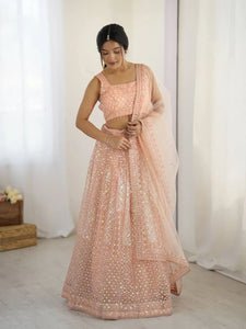 Elegant Peach Net Lehenga Choli - Festive Wear for Women