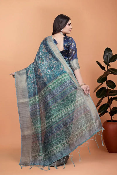 Elegant Peacock Blue Soft Silk Saree - Floral Zari Weaving for Festive Celebrations