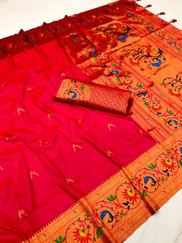 Elegant Pethani Silk Saree - Zari Weaving Peacock & Meenakari Design for Festive & Wedding Wear