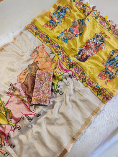 Elegant Pichwai Manipuri Slub Silk Saree with running Blouse for Festive Wear