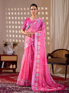 Elegant Pink Bandhani Linen Cotton Saree - Festive Wear for Women