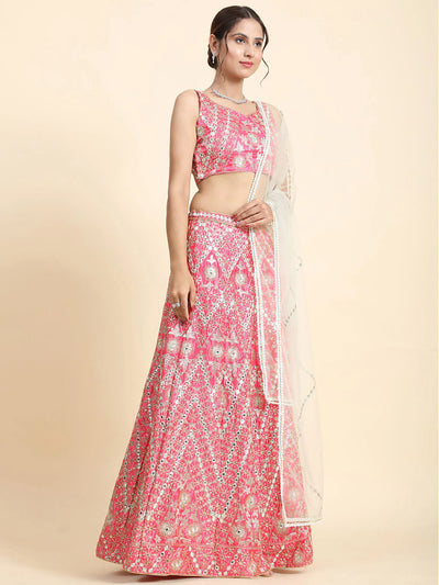 Elegant Pink Devsena Silk Lehenga - Mirror Work for Wedding & Festive Wear