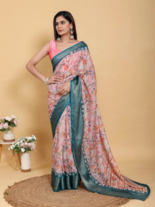 Elegant Pink Floral Linen Cotton Saree with Jacquard Border - Festive Wear for Women