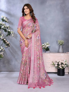 Elegant Pink Floral Printed Saree - Linen Shimmer Festive Wear for Women