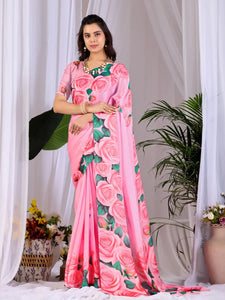 Elegant Pink Floral Satin Georgette Saree with Matching Blouse - Festive Wear for Women
