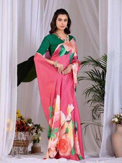 Elegant Pink Georgette Saree - Stunning Floral Print for Festive Wear