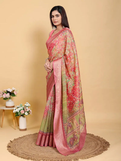 Elegant Pink-Green Jacquard Linen Cotton Saree - Festive Weave with Blouse