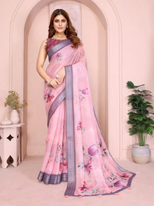 Elegant Pink Linen Cotton Saree - Breathable Floral Prints Festive Wear for Women