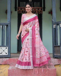 Elegant Pink Linen Cotton Saree - Stylized Nature Print for Office & Festive Wear