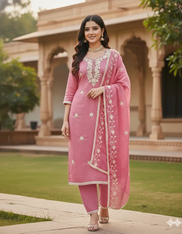 Elegant Pink Roman Silk Suit Material - Embroidered Chanderi Dupatta