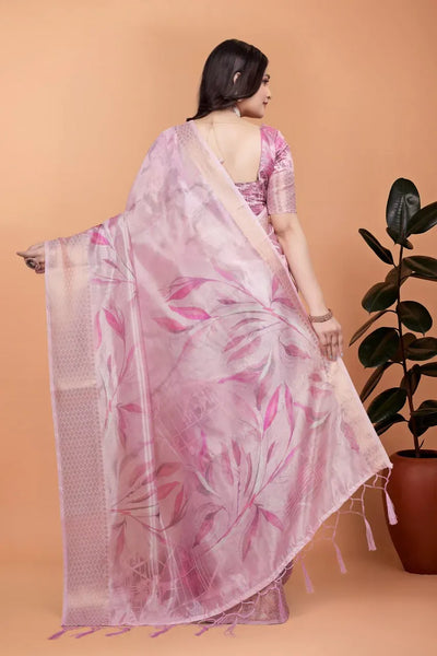 Elegant Pink Silk Saree with Golden Zari Border for Women