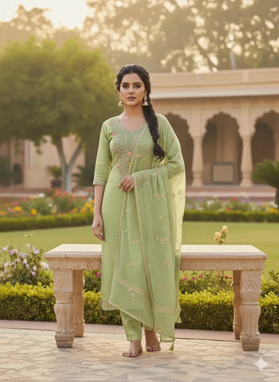 Elegant Pista Green Chanderi Suit Set - Intricate Embroidery for Festive Wear Women