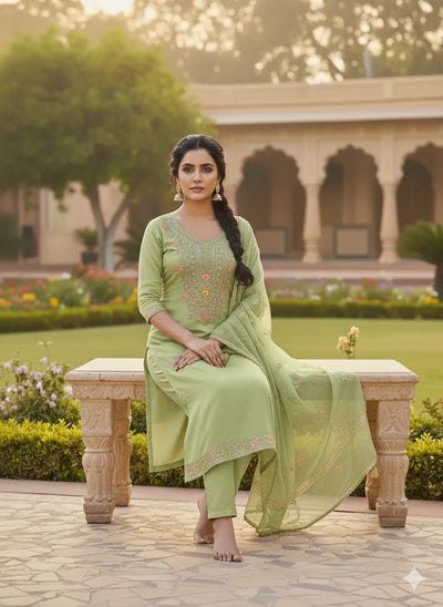 Elegant Pista Green Chanderi Suit Set - Intricate Embroidery for Festive Wear Women