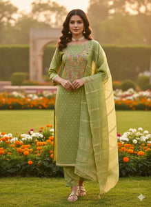 Elegant Pista Green Embroidered Dress Material for Festivals
