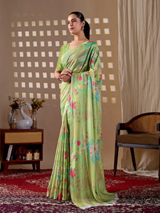 Elegant Pista Monsoon Saree - Vibrant Floral Print for Festive Wear
