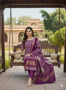 Elegant Plum Jacquard Suit Set - Embroidered Unstitched for Festive Wear