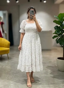 Elegant Printed Chiffon Maxi Dress - Smocked Puff Sleeve Festive Prep Wear