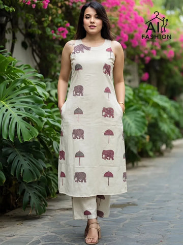 Elegant Printed Cotton Kurti Set with Pockets - Chic Daily Wear for Women