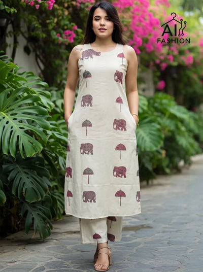 Elegant Printed Cotton Kurti Set with Pockets - Chic Daily Wear for Women