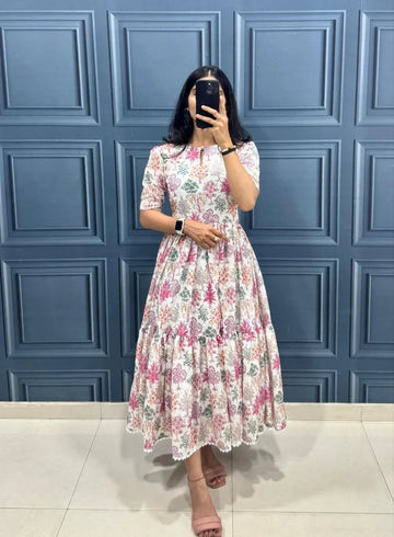 Elegant Printed Hakoba Maxi Dress - Breathable Cotton Festive Wear for Women
