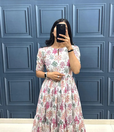 Elegant Printed Hakoba Maxi Dress - Breathable Cotton Festive Wear for Women