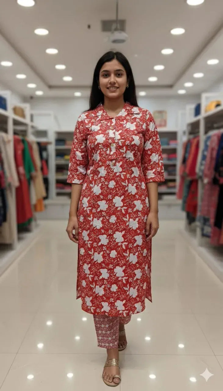 Premium Floral Printed Cotton Kurti Set for Women