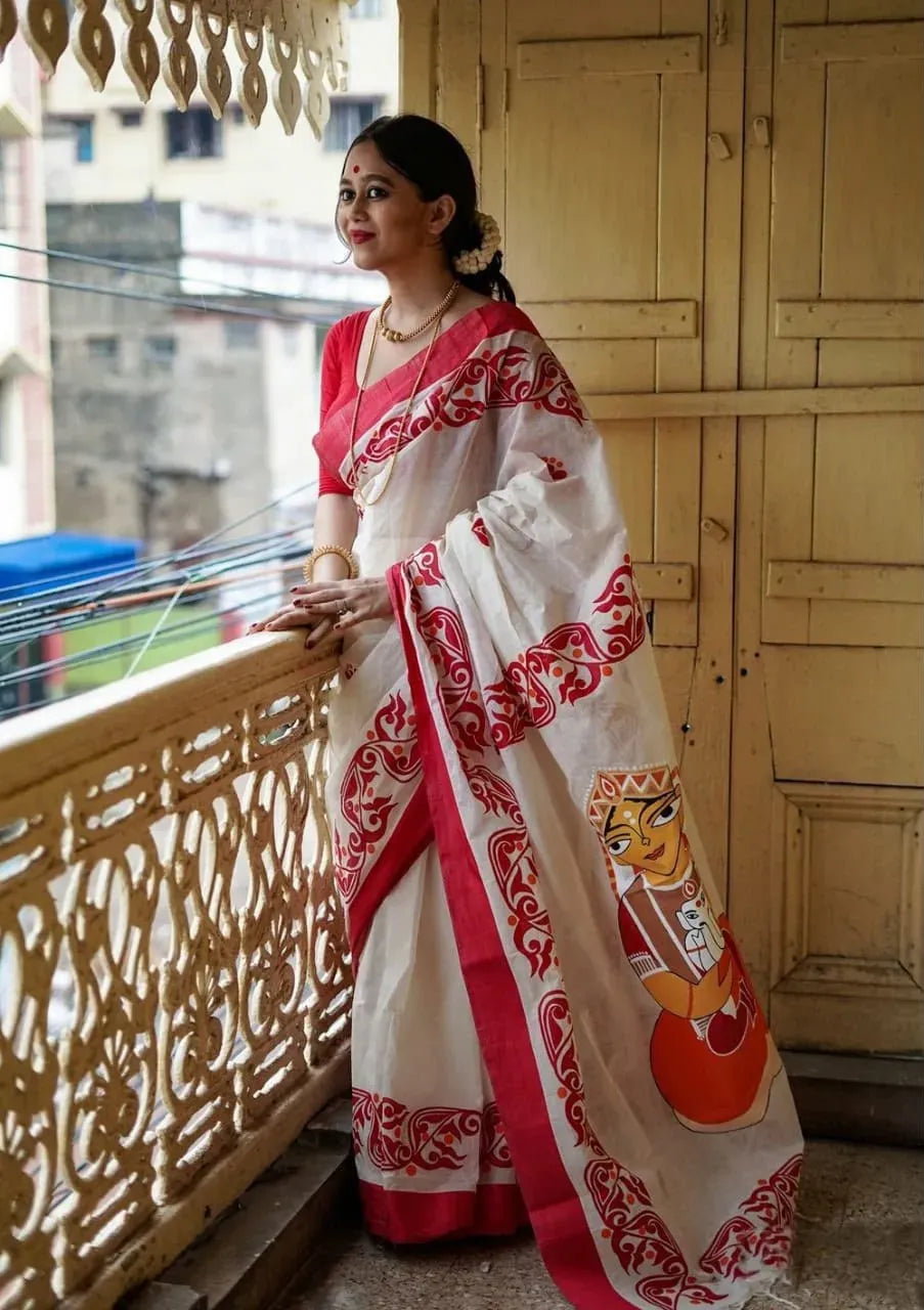 Model standing elegantly on a balcony showcasing the full drape and Ganesha pallu design of the white saree