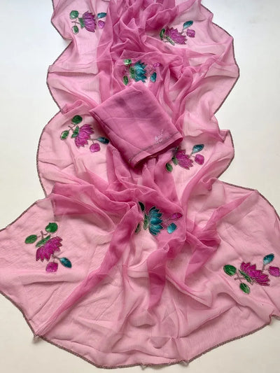 Elegant Pure Chiffon Saree with Handbrush Floral Design for Women's Festive Wear