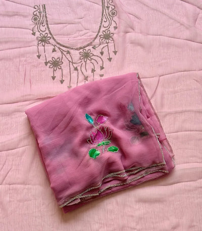 Elegant Pure Chiffon Saree with Handbrush Floral Design for Women's Festive Wear