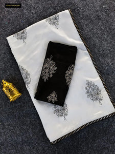 Elegant Pure Chinon Saree - Stunning Black & White Embroidery for Festive Wear