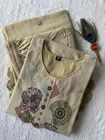 Elegant Pure Cotton A-Line Kurti Set - Embroidered Festive Wear for Women