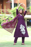 Handcrafted Purple Pure Cotton A-Line Kurti Pant Set with Embroidered Neckline and Hand Block Printed Mulmul Dupatta