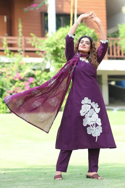 Elegant Pure Cotton A-Line Kurti Set - Embroidery Work with Dupatta for Women