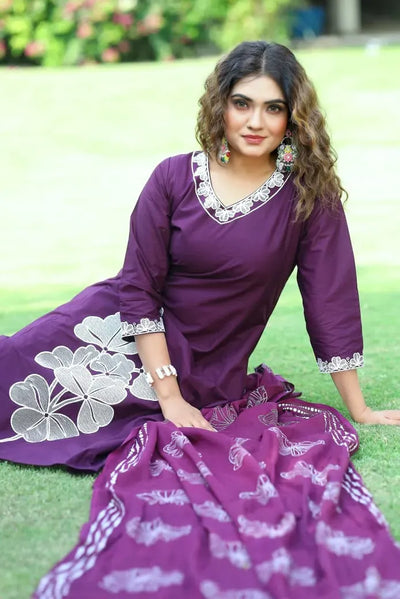 Elegant Pure Cotton A-Line Kurti Set - Embroidery Work with Dupatta for Women