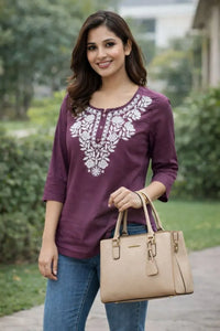Elegant Pure Cotton Kurti - Hand-Embroidered Comfort for Women