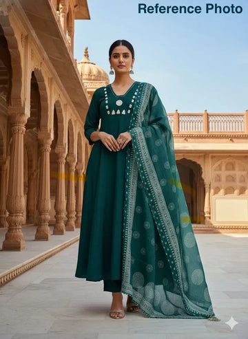 Elegant Pure Cotton Kurti Set - Mirror Work & Hand Block Print Dupatta for Women | M-XXL