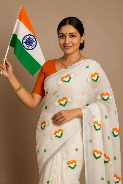Elegant Pure Cotton Linen Saree with Patriotic Turkey Embroidery for Festive & Republic Day Wear