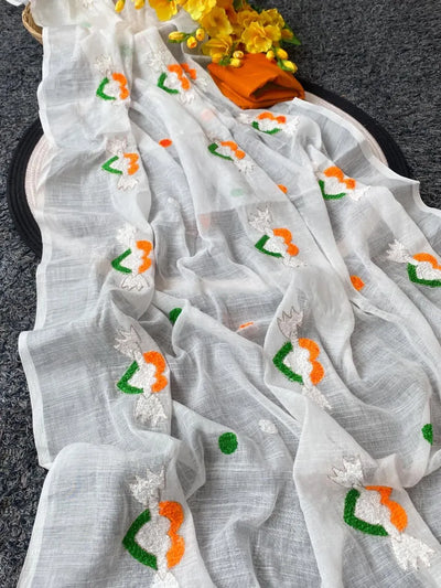 Elegant Pure Cotton Linen Saree with Patriotic Turkey Embroidery for Festive & Republic Day Wear