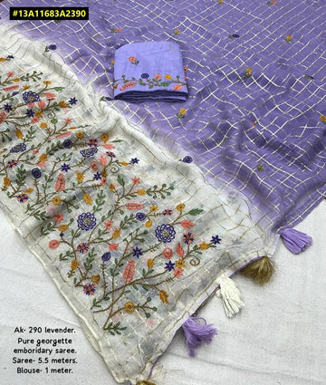 Elegant Pure Georgette Saree - Shaded Chex & Floral Embroidery