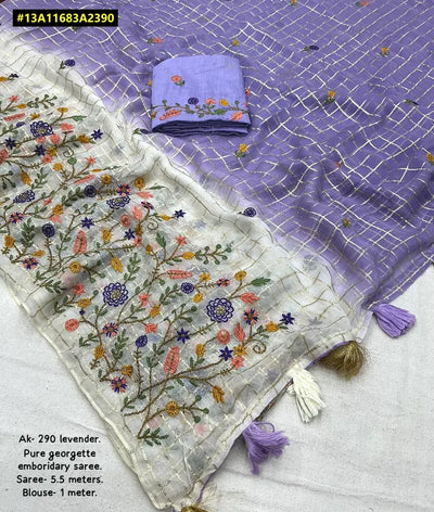 Elegant Pure Georgette Saree - Shaded Chex & Floral Embroidery