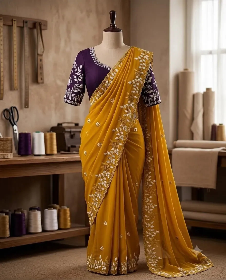 Mannequin displaying draped mustard yellow georgette saree paired with a contrasting dark purple floral embroidered blouse