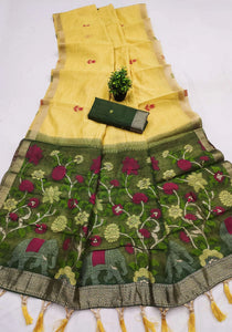 Elegant Pure Muga Cotton Saree with Meenakari Weaving - Festive Wear for Women