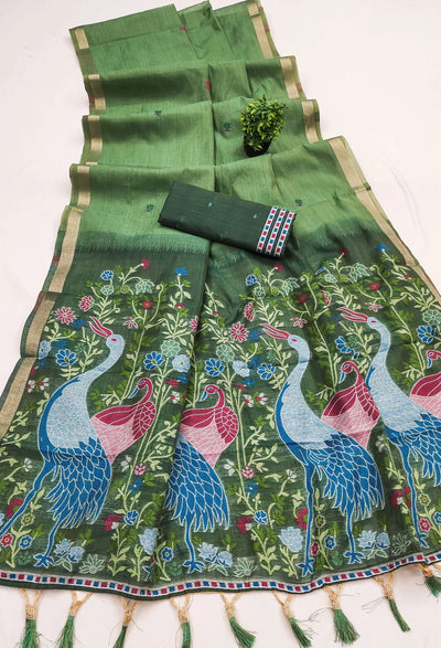 Elegant Pure Muga Cotton Saree with Meenakari Weaving - Festive Wear for Women