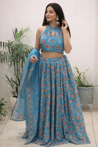 Elegant Pure Organza Lehenga Set - Halter Neck Floral for Festive Occasions