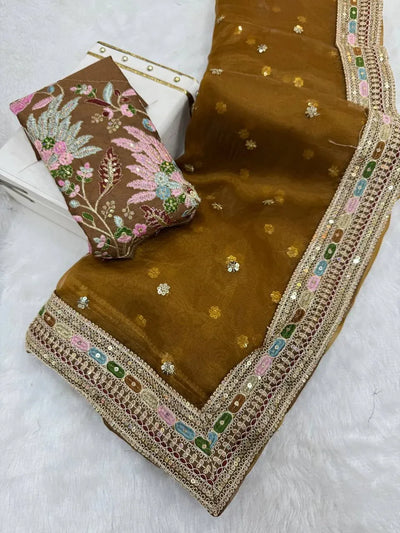 Elegant Pure Organza Silk Saree - Multi-Thread Embroidery for Festive Occasions