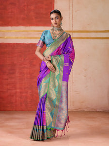 Elegant Pure Silk Handloom Saree - Violet Weaving for Women