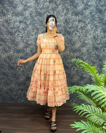 Elegant Pure Soft Mal Chanderi Maxi Dress - Floral Print Festive Wear for Women