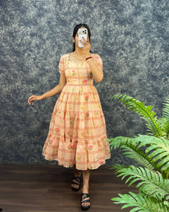Elegant Pure Soft Mal Chanderi Maxi Dress - Floral Print Festive Wear for Women